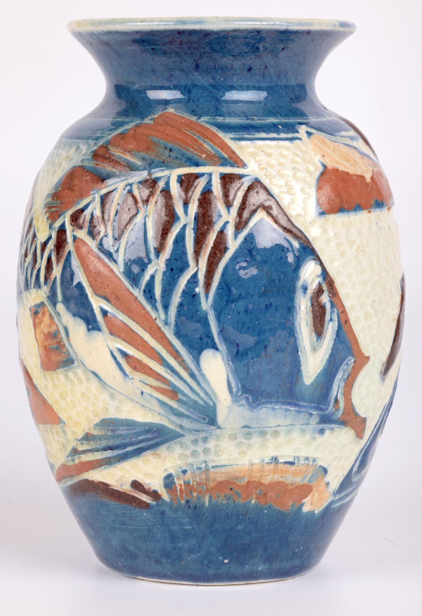 Earthenware William Leonard Baron Art Pottery Sgraffito Glazed Fish Vase For Sale