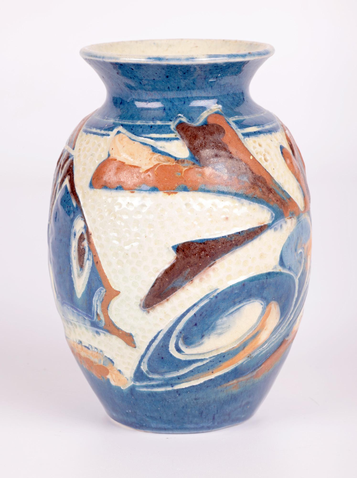 William Leonard Baron Art Pottery Sgraffito Glazed Fish Vase For Sale 2