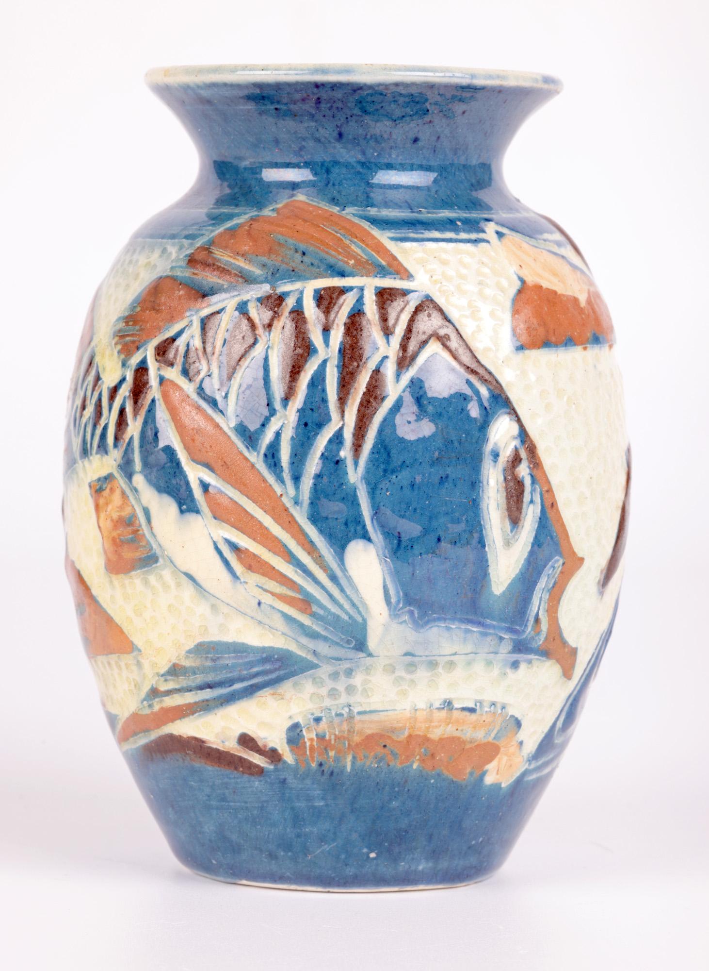 William Leonard Baron Art Pottery Sgraffito Glazed Fish Vase For Sale 5