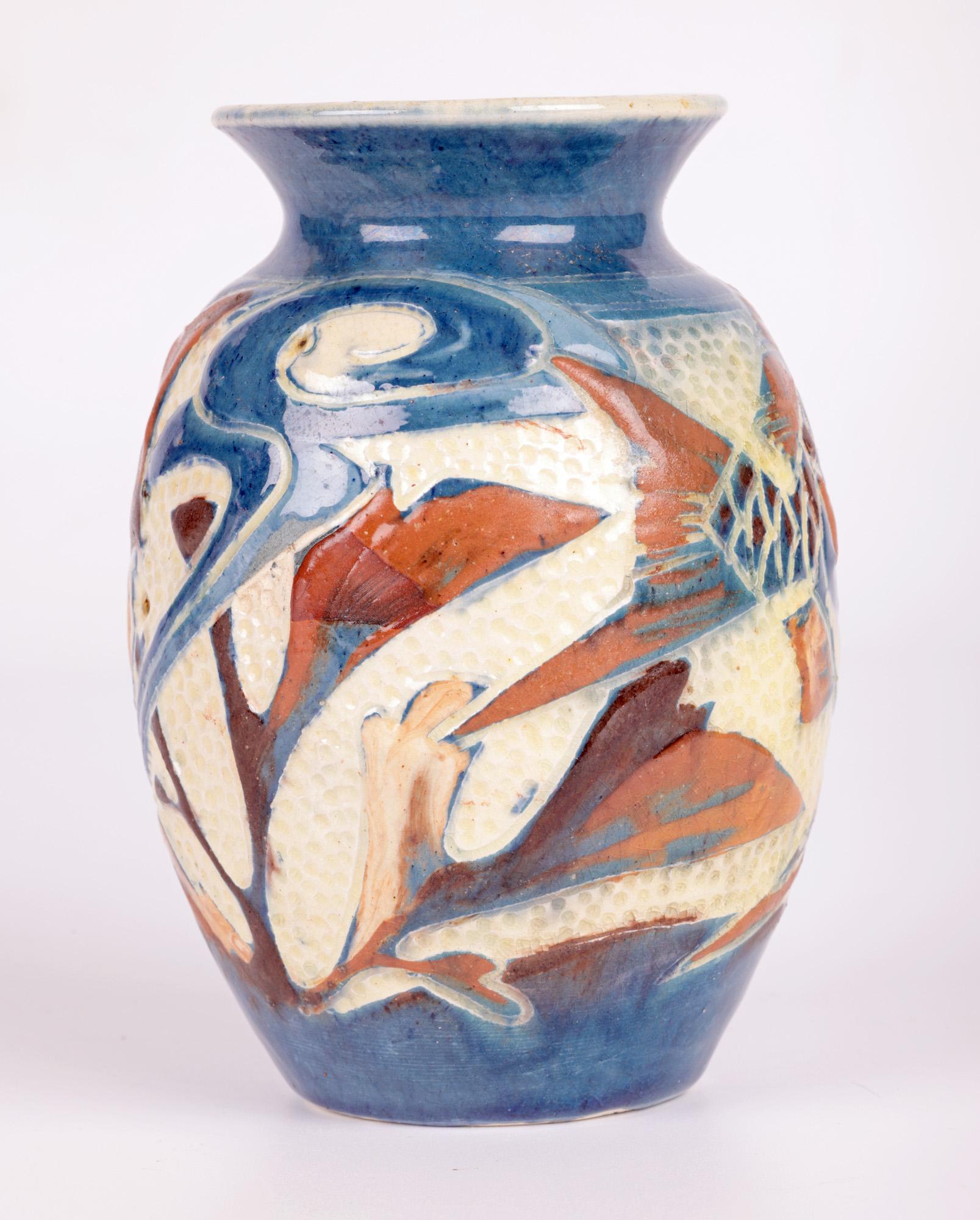 William Leonard Baron Art Pottery Sgraffito Glazed Fish Vase For Sale 6