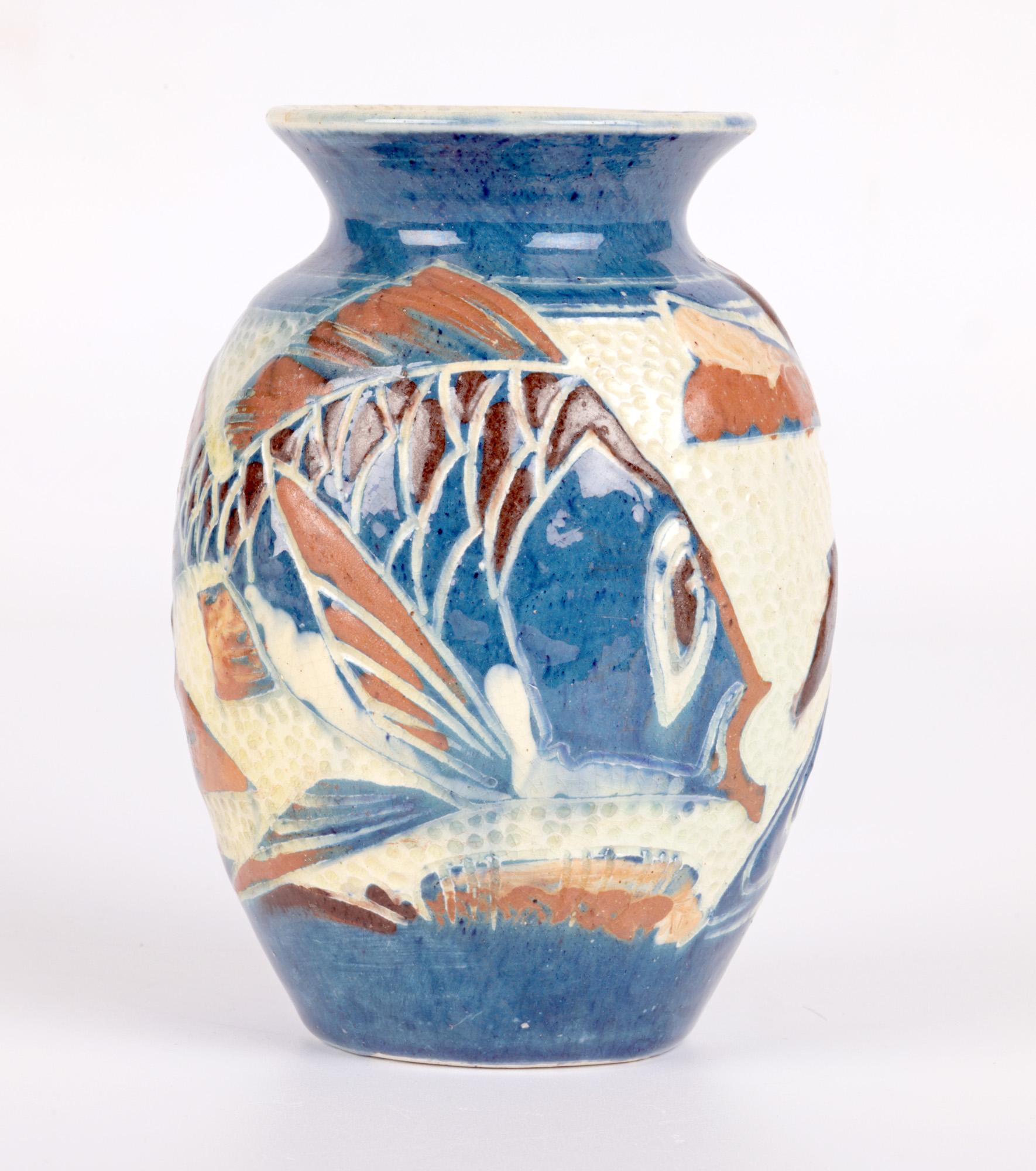 Art Nouveau William Leonard Baron Art Pottery Sgraffito Glazed Fish Vase For Sale
