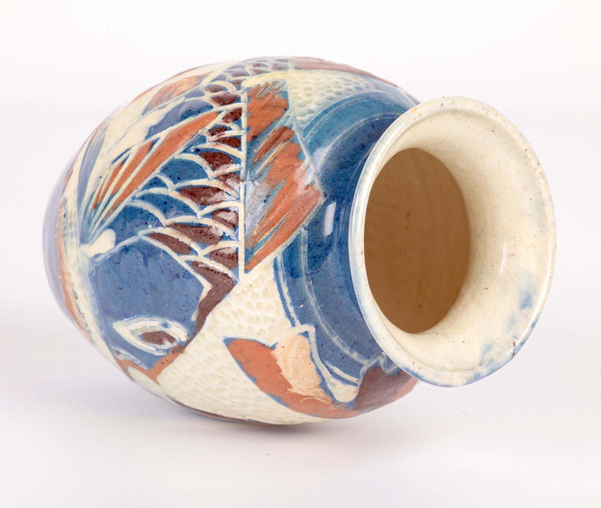 English William Leonard Baron Art Pottery Sgraffito Glazed Fish Vase For Sale