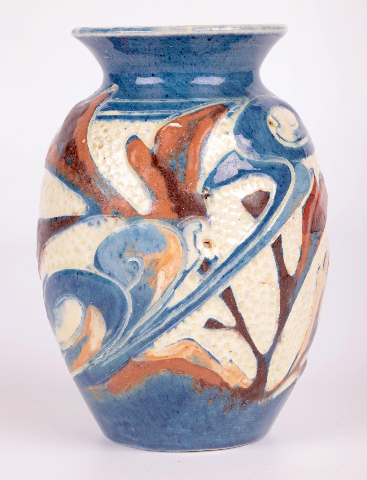 Hand-Painted William Leonard Baron Art Pottery Sgraffito Glazed Fish Vase For Sale