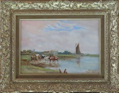 Antique Original Oil on Panel, William Leslie Rackham. "Mautby Swim"