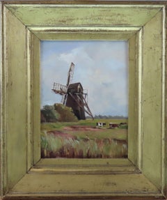Paire d'huiles sur panneau. William Leslie Rackham, Mill on the Bure, Near Mautby