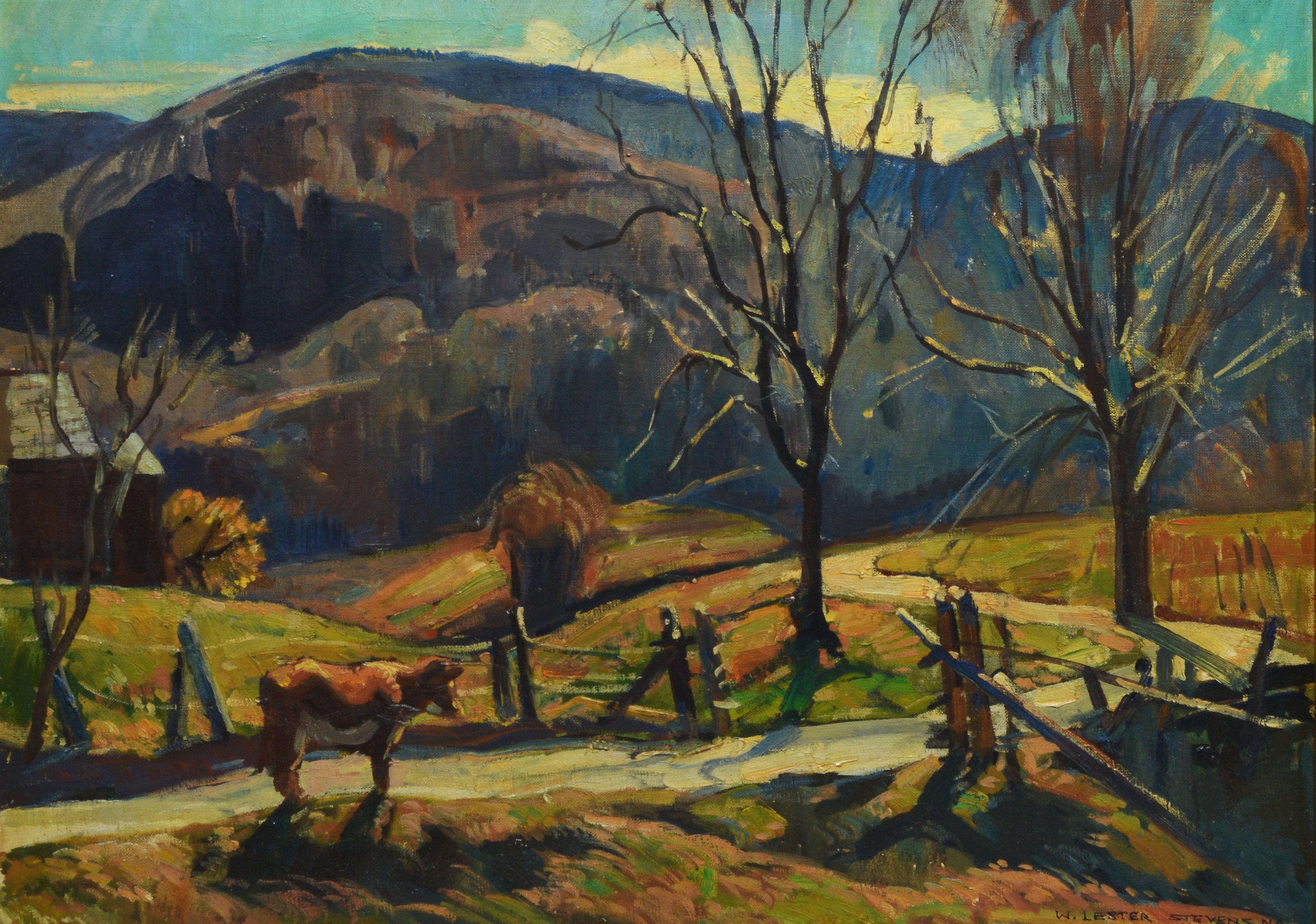 Antique American landscape painting by William Stevens  (1888 - 1969).  Oil on canvas, circa 1920.  Signed.  Displayed in a period giltwood frame.  Image, 24