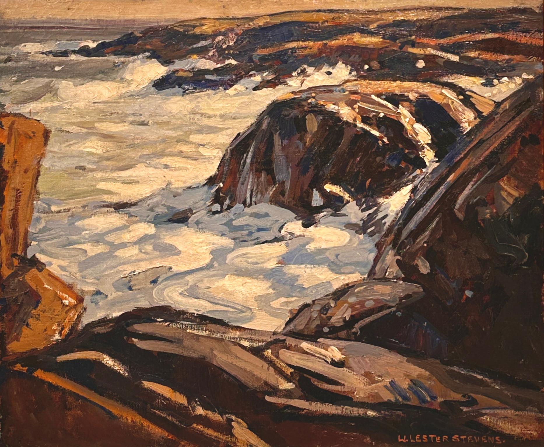 Painting Size (unframed): 20" × 24"
Framed Size: 29" × 33"
Signed Lower Right

Easterly Flow is a powerful coastal landscape by William Lester Stevens. The painting depicts waves surging through a rugged rock formation, rendered with bold, gestural