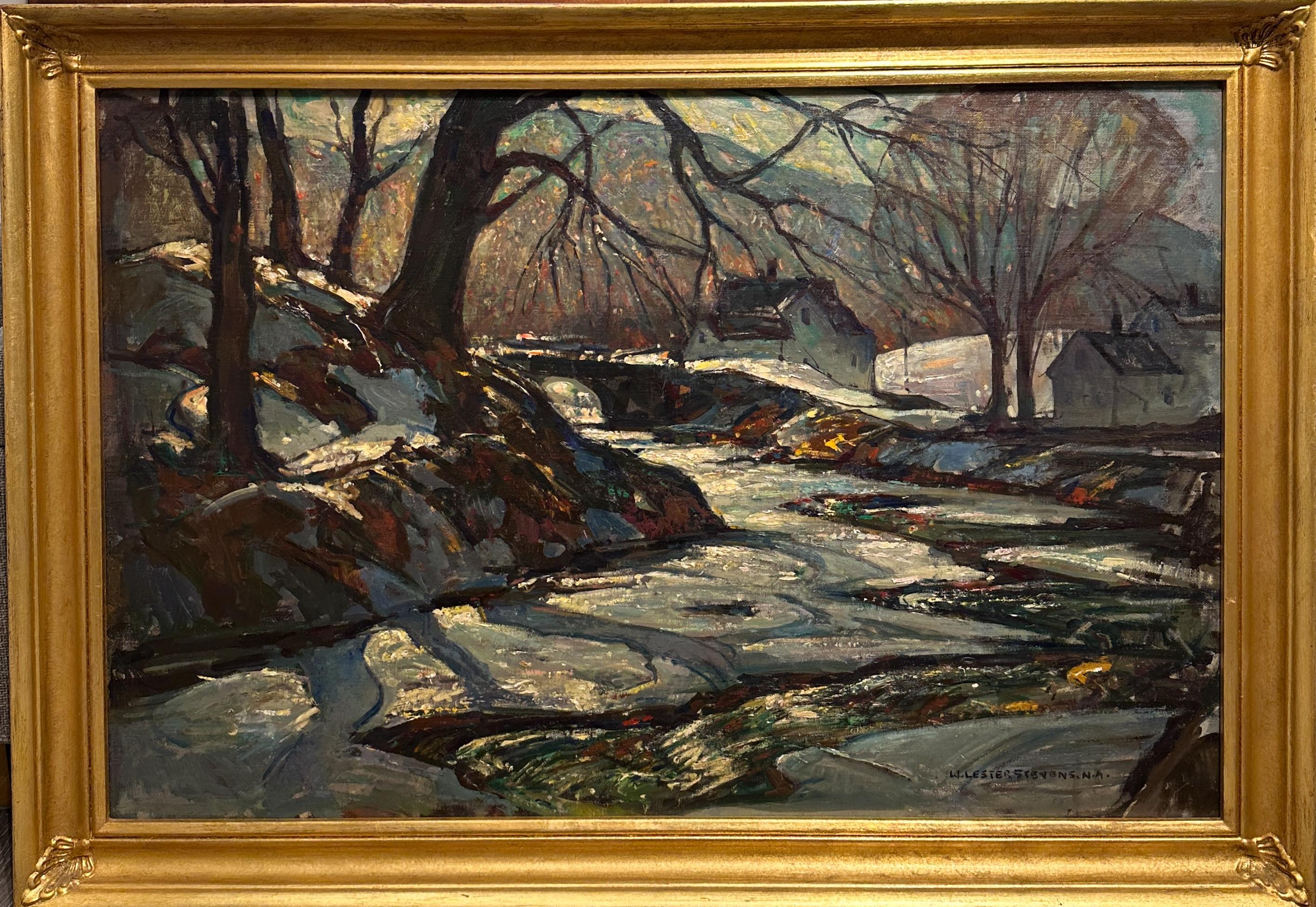 Artista de la Escuela de Rockport William Lester Stevens Paisaje invernal de Nueva Inglaterra en venta 1