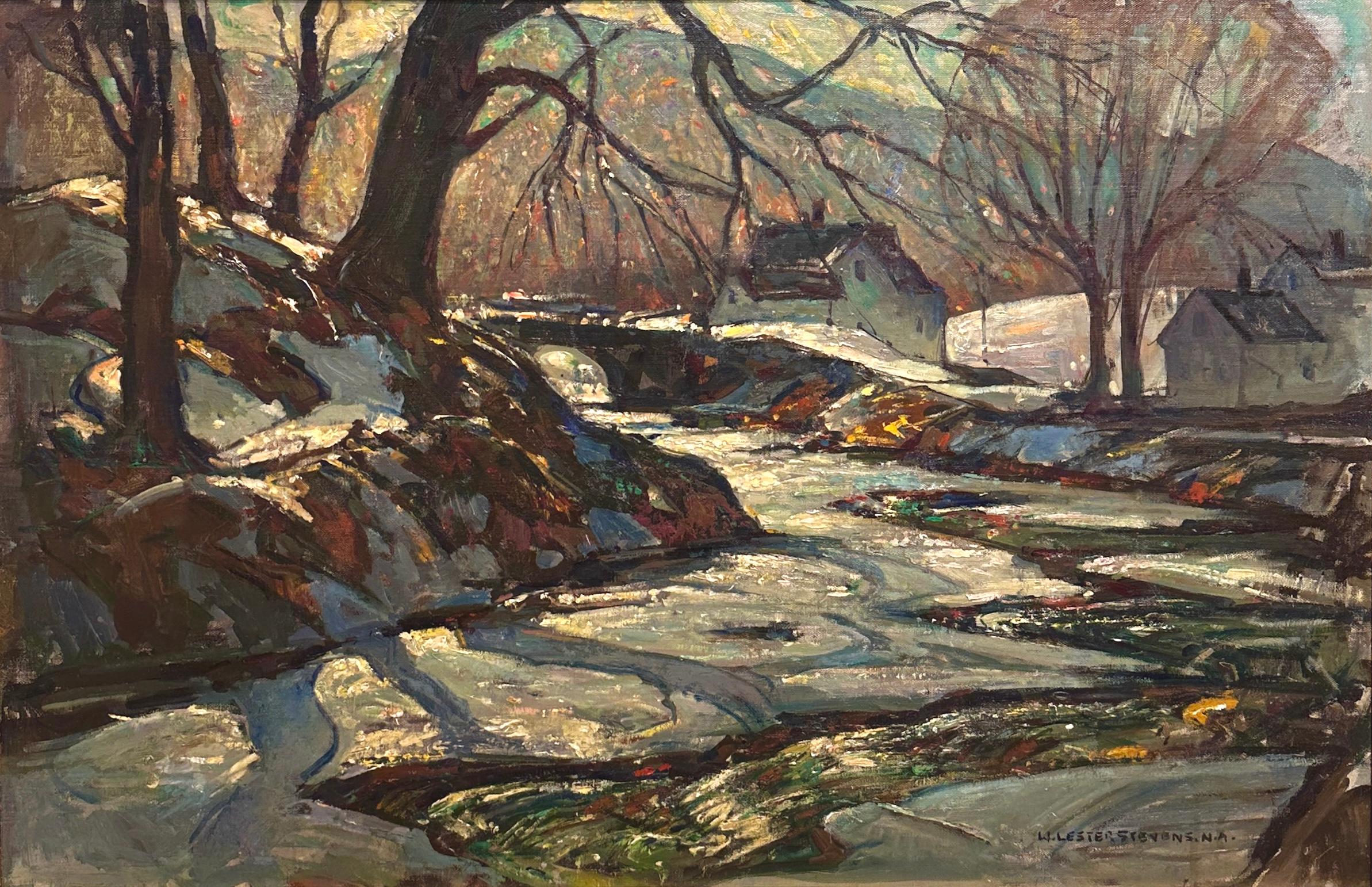 Un sorprendente paisaje invernal de William Lester Stevens (1888-1969). Pintada con el expresivo estilo característico de Stevens, esta obra muestra una pincelada audaz y una rica paleta tonal. Como miembro fundador de la Asociación Artística de