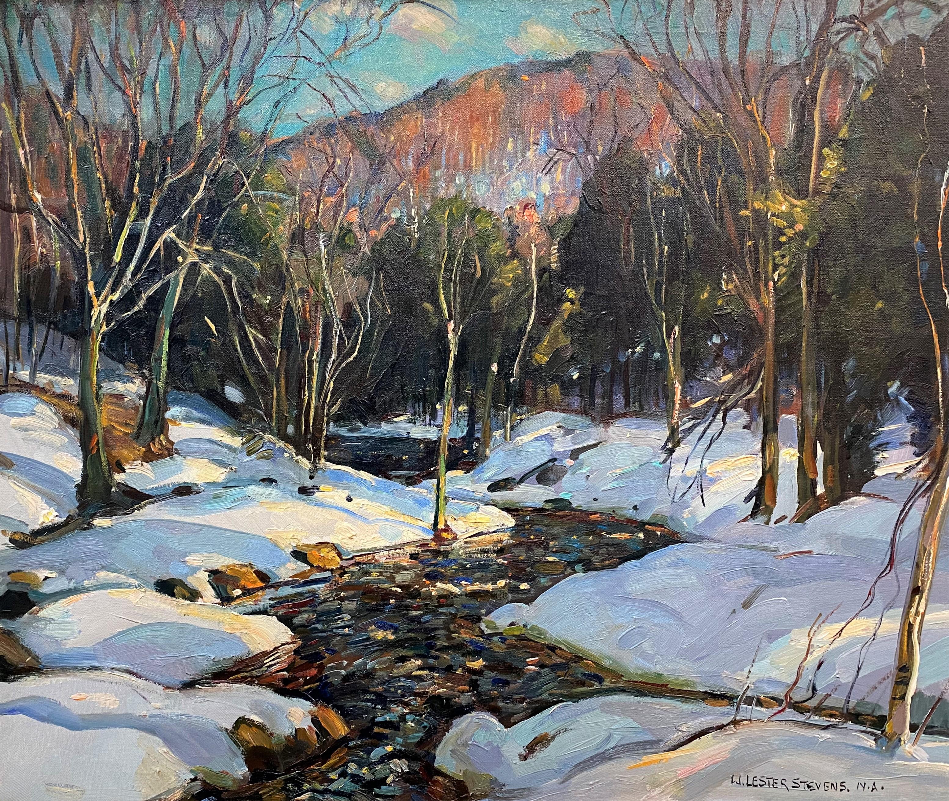 Winter Landscape with Stream - Painting by William Lester Stevens