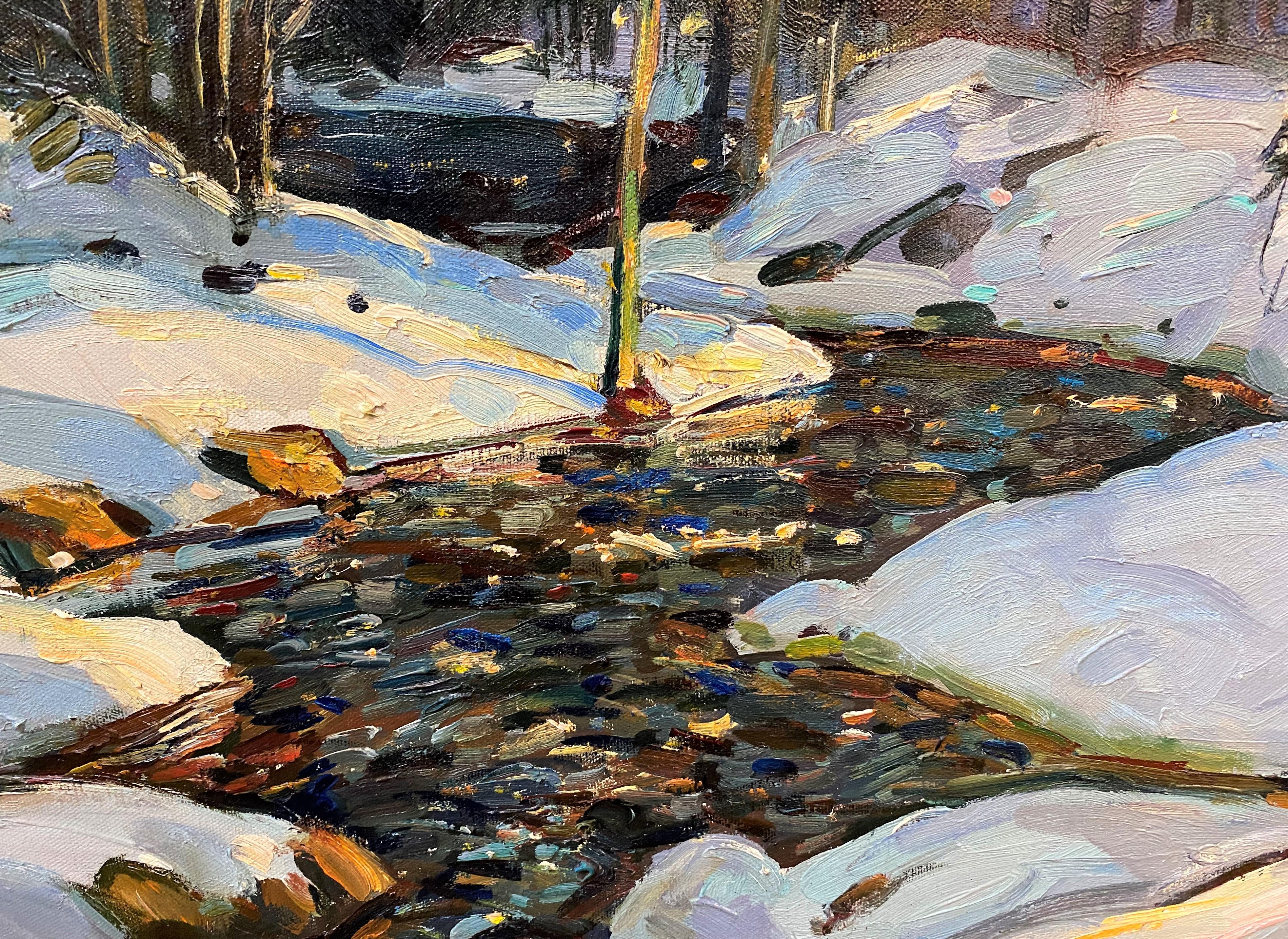 A nicely executed impressionist oil painting winter landscape with stream by American artist William Lester Stevens (1888-1969).Born in Rockport, Massachusetts, Stevens first studied with Parker Perkins and then attended the Boston Museum School as