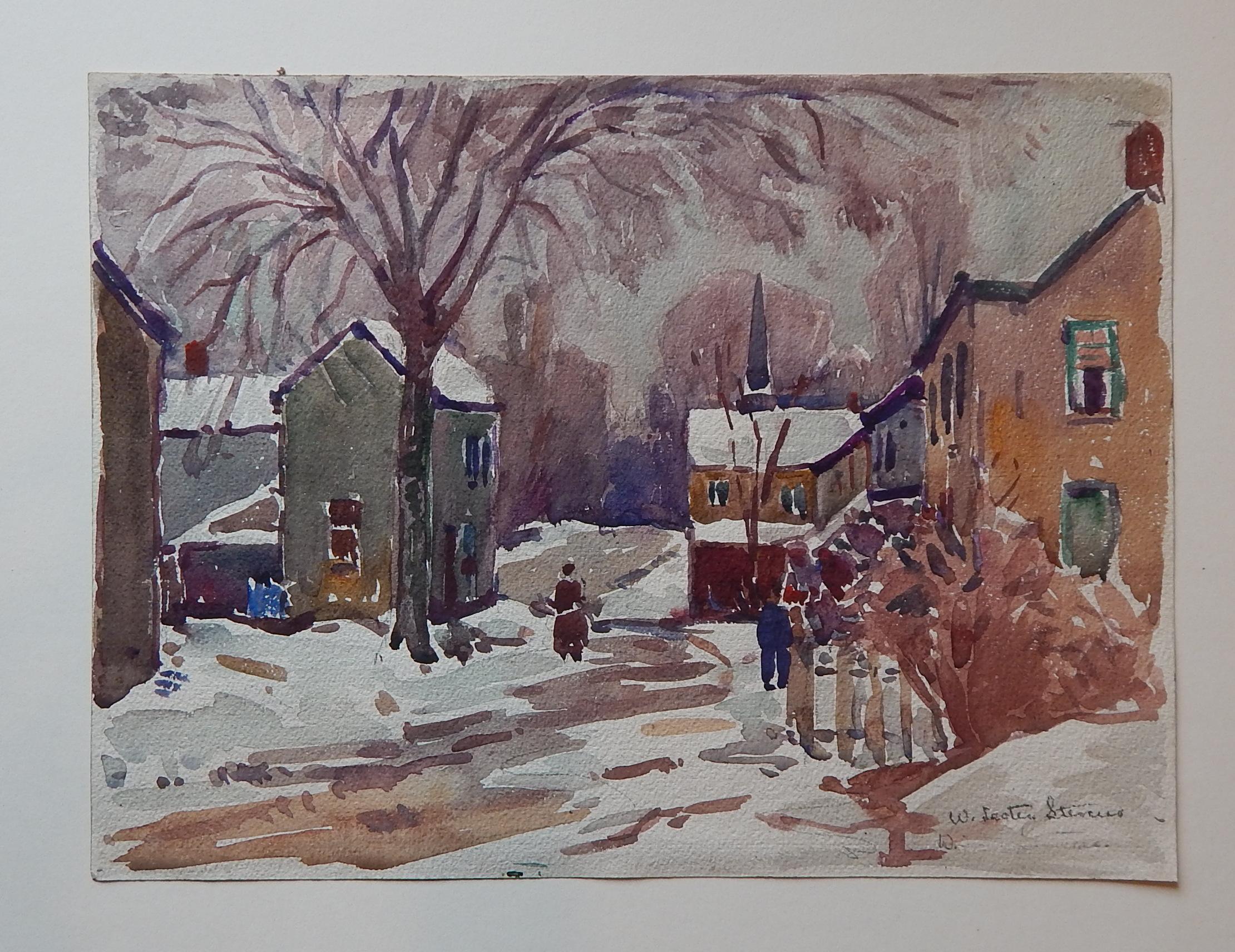 New England village scene in watercolor and gouache by New England artist William Lester Stevens (1888-1969).
In excellent condition measuring 10 1/4