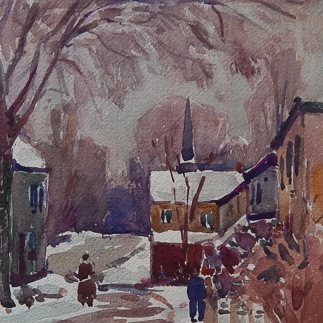 William Lester Stevens Watercolor, circa 1920s-1930s New England Village in Snow In Excellent Condition In Phoenix, AZ