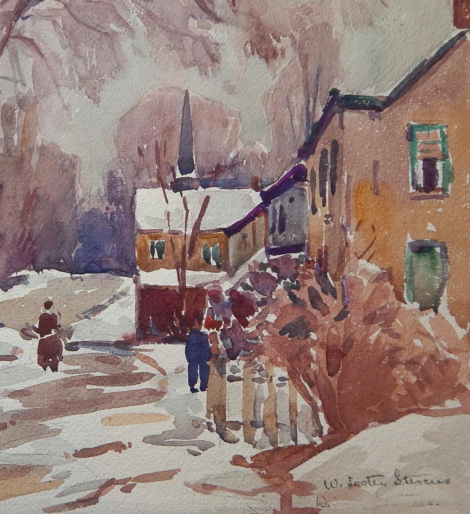 Paint William Lester Stevens Watercolor, circa 1920s-1930s New England Village in Snow