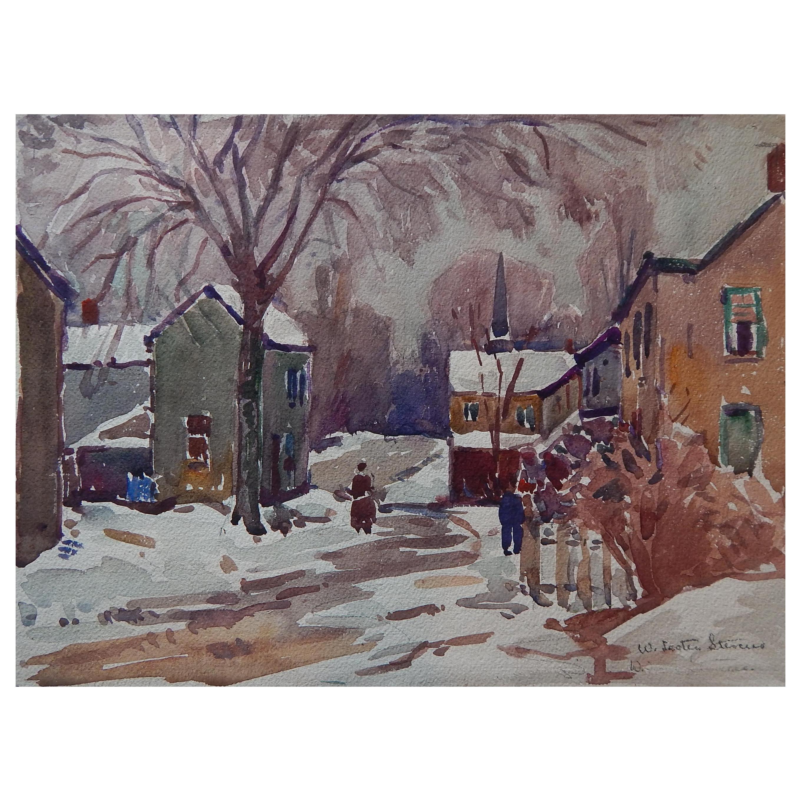 William Lester Stevens Watercolor, circa 1920s-1930s New England Village in Snow