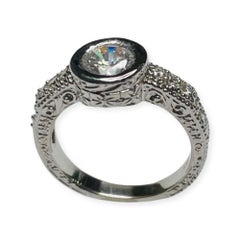 William Levine 18K White Gold Hand Engraved Diamond Engagement Ring