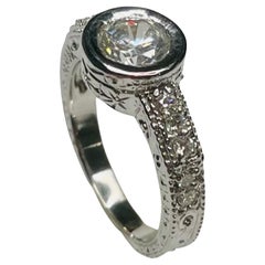 William Levine 18K White Gold Hand Engraved Diamond Engagement Ring