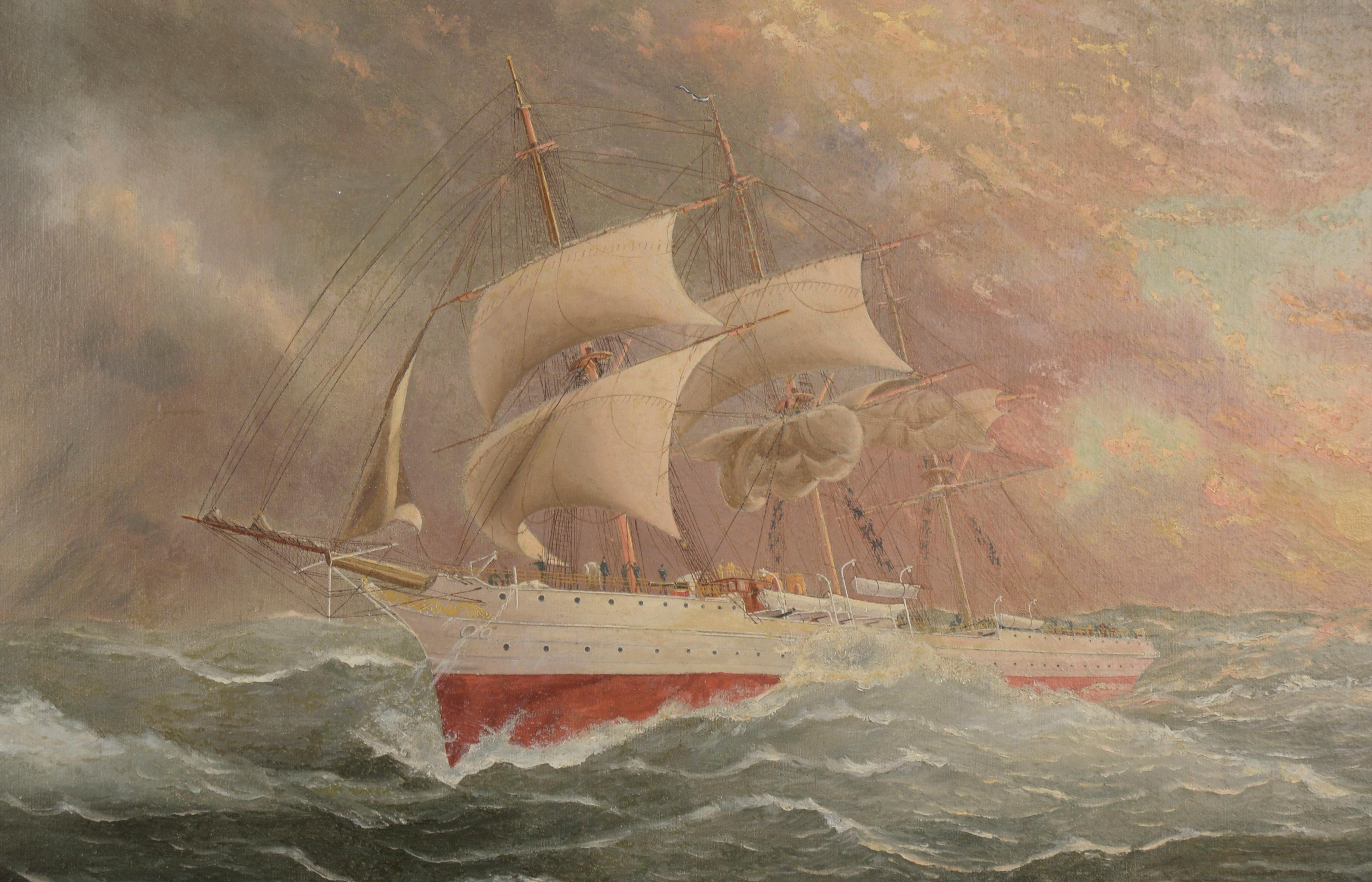 Coast Guard Cutter with Cannons Spanish-American War Maritime Original Oil  - Painting by William Lindsey Challoner