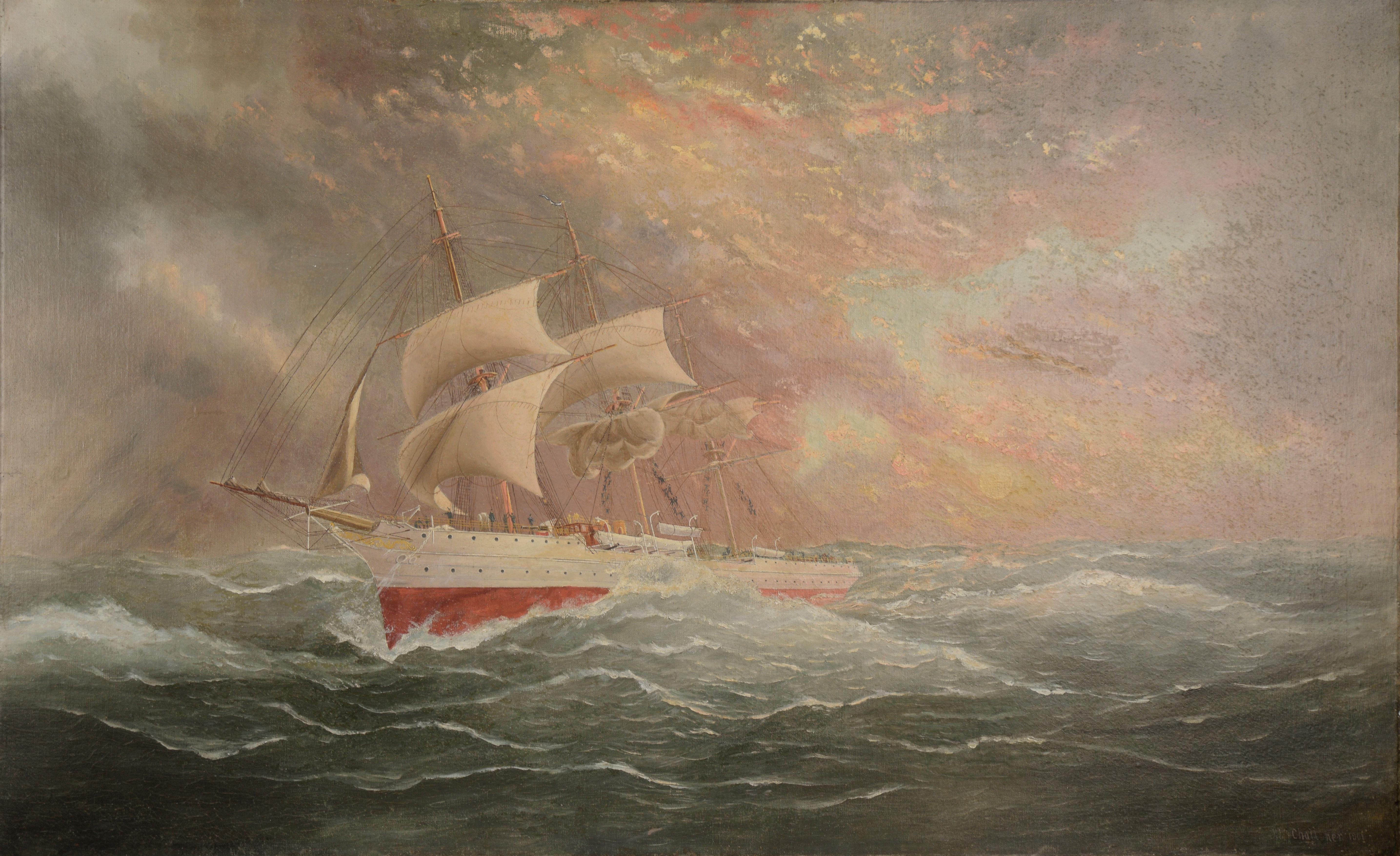 William Lindsey Challoner Landscape Painting - Coast Guard Cutter with Cannons Spanish-American War Maritime Original Oil 
