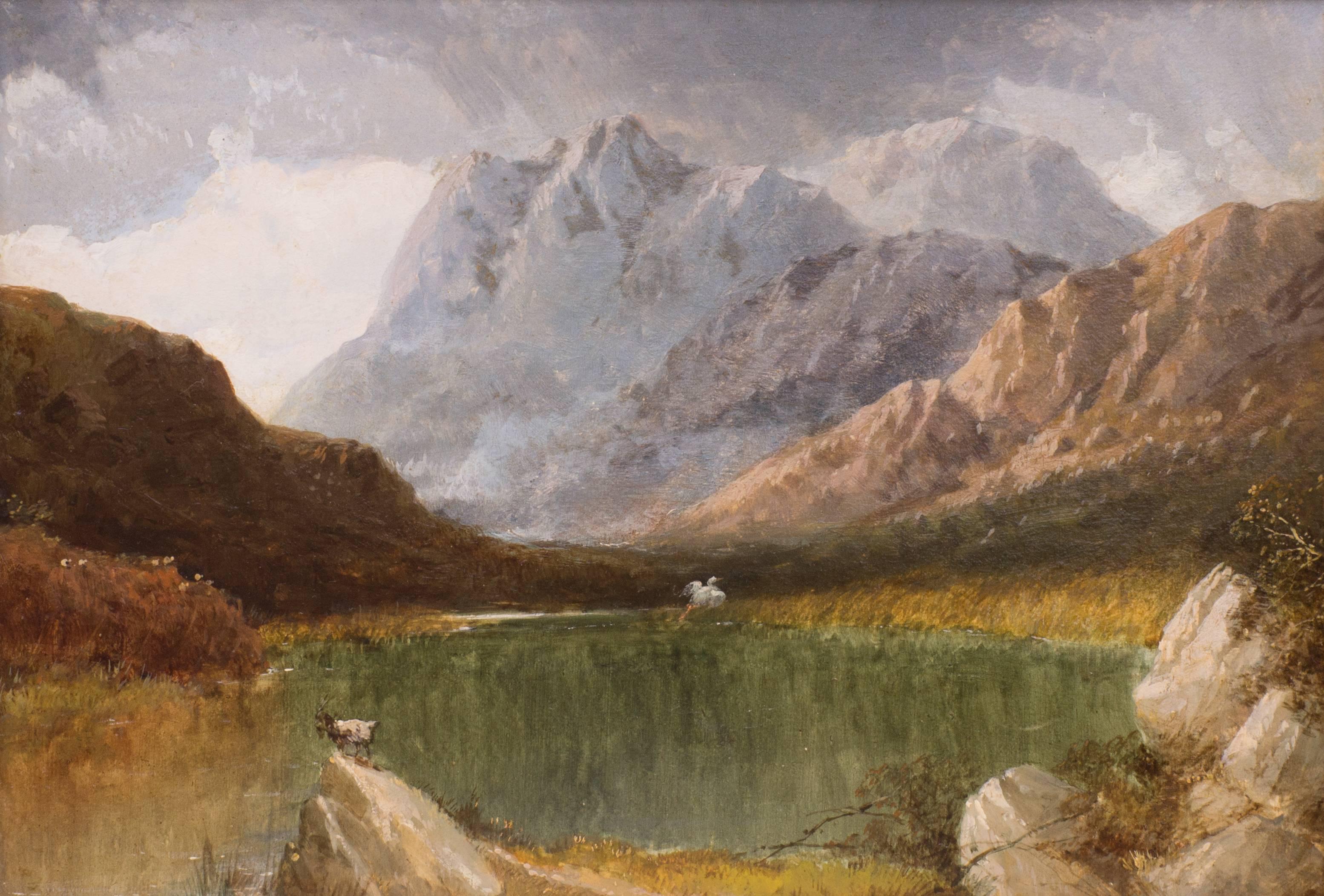 Mountain Lake with Heron, Original Oil on Panel Painting - Brown Landscape Painting by William Linton