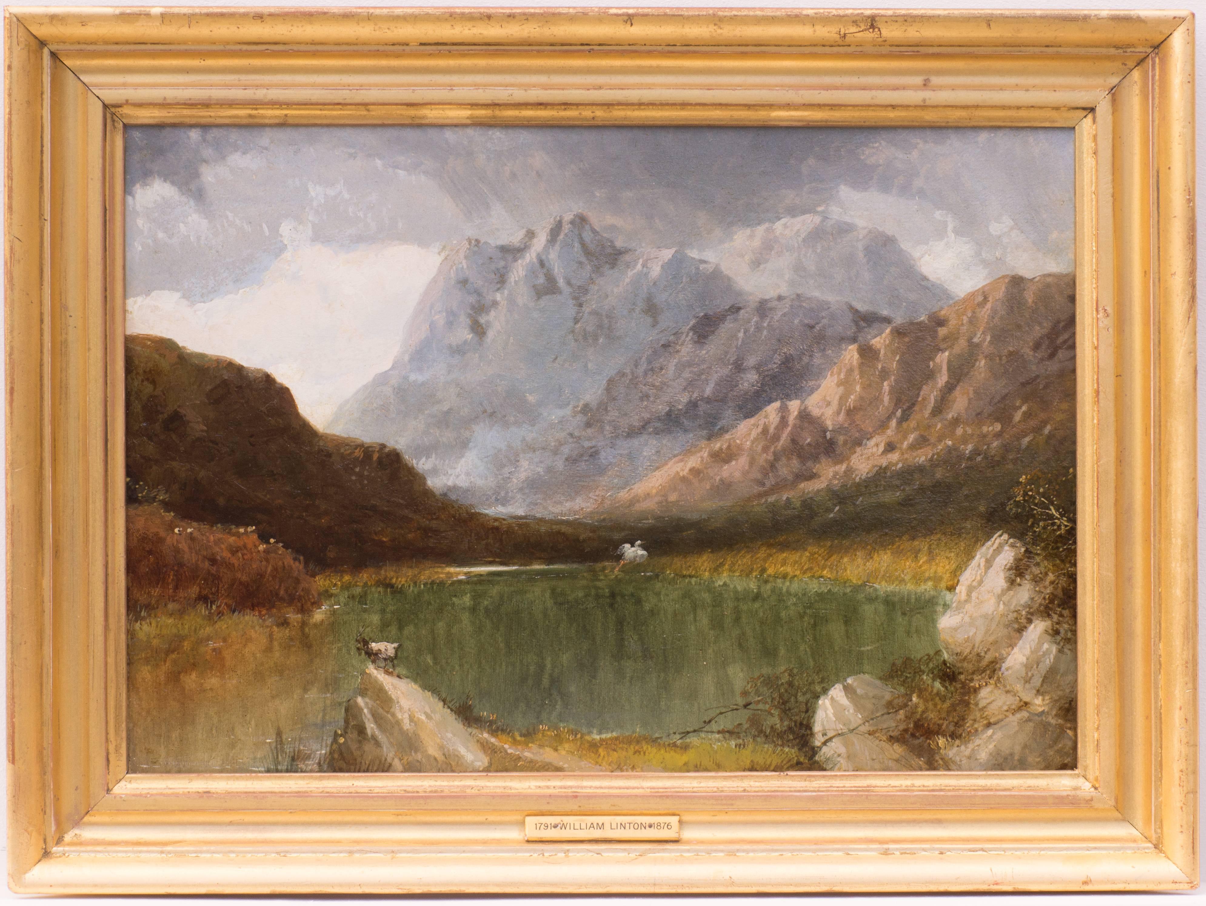 William Linton Landscape Painting - Mountain Lake with Heron, Original Oil on Panel Painting