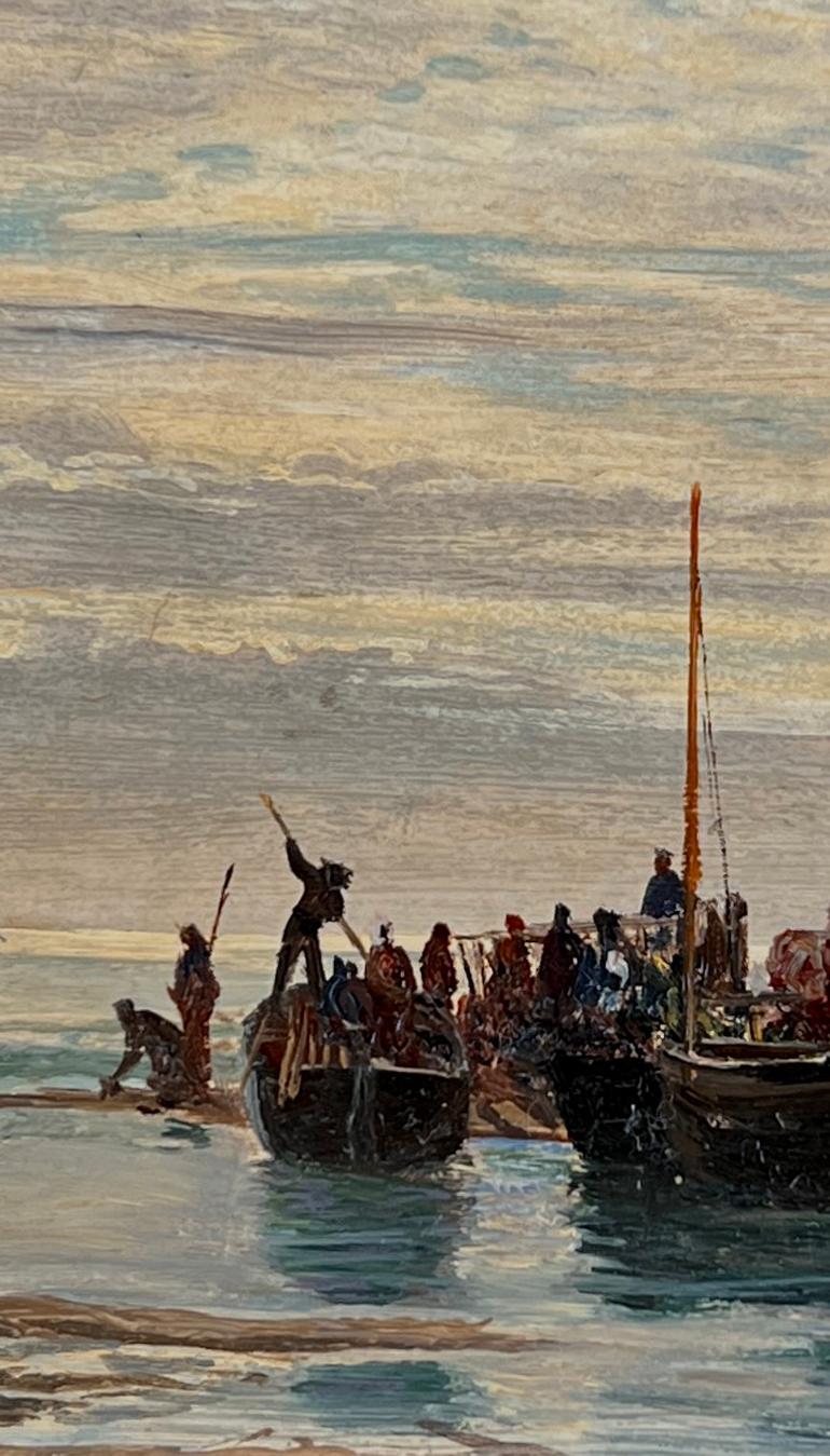 Rechargement du bateau du jour - Moulin  vapeur pour pcheurs et chevaux - Hollande, vers 1900 - Gris Landscape Painting par William Lionel Wyllie, R.A., R.I., R.E.