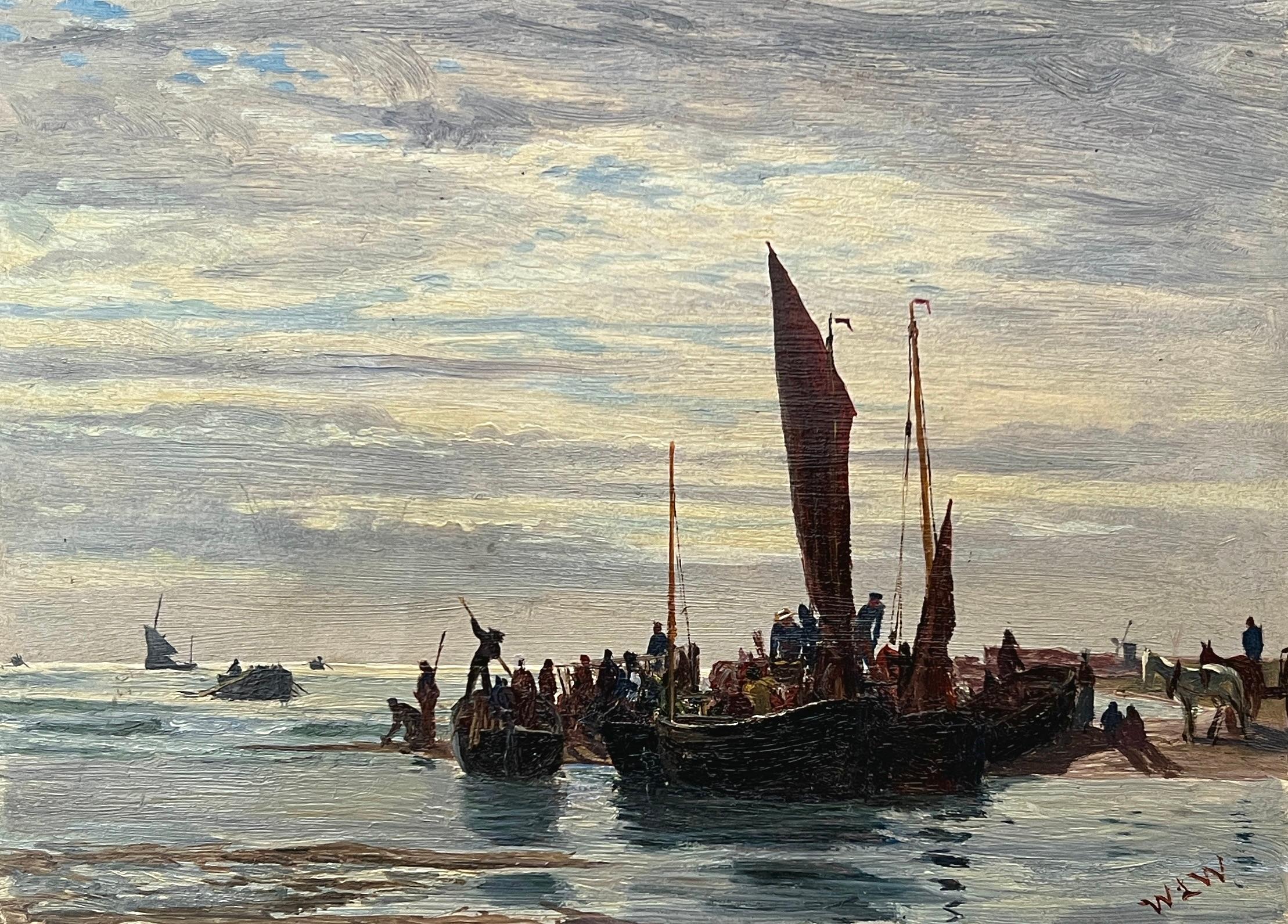 Landscape Painting William Lionel Wyllie, R.A., R.I., R.E. - Rechargement du bateau du jour - Moulin  vapeur pour pcheurs et chevaux - Hollande, vers 1900