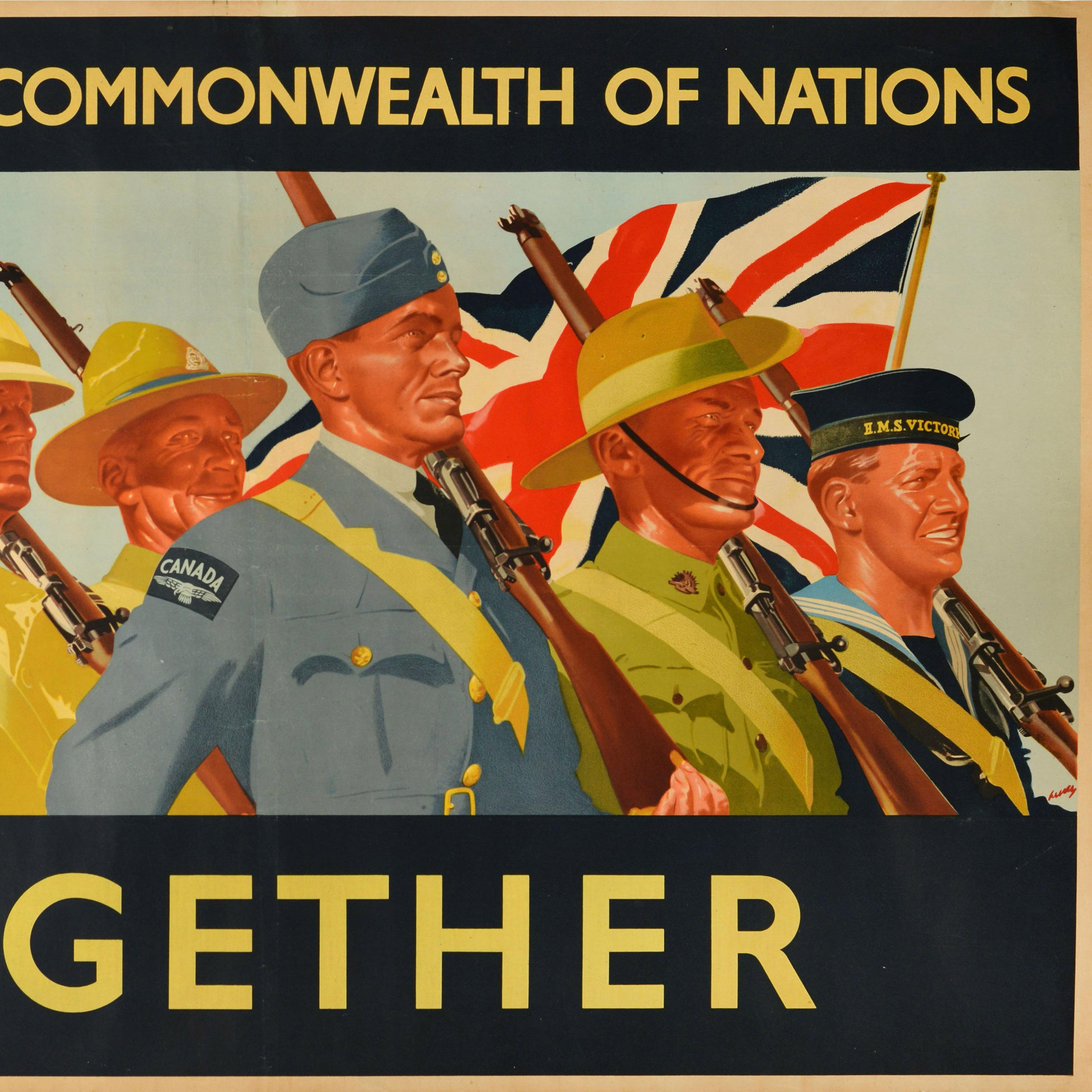 Poster di propaganda originale della Seconda Guerra Mondiale - The British Commonwealth of Nations Together - con un'illustrazione militare dinamica che raffigura un gruppo di soldati del Commonwealth dell'Impero Britannico in uniforme che marciano