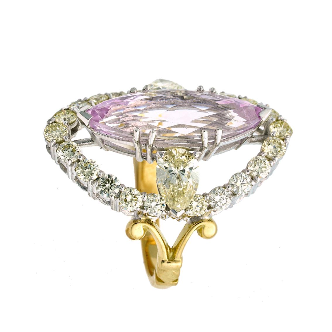 Victorian 18 Karat Yellow and White Gold Ring with Marquise Morganite and White Diamonds For Sale