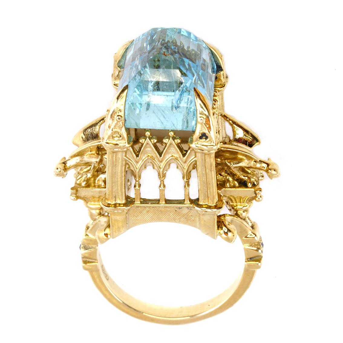 Baroque 18 Karat Aquamarine and Black Diamond Almighty Empress Cathedral Ring
