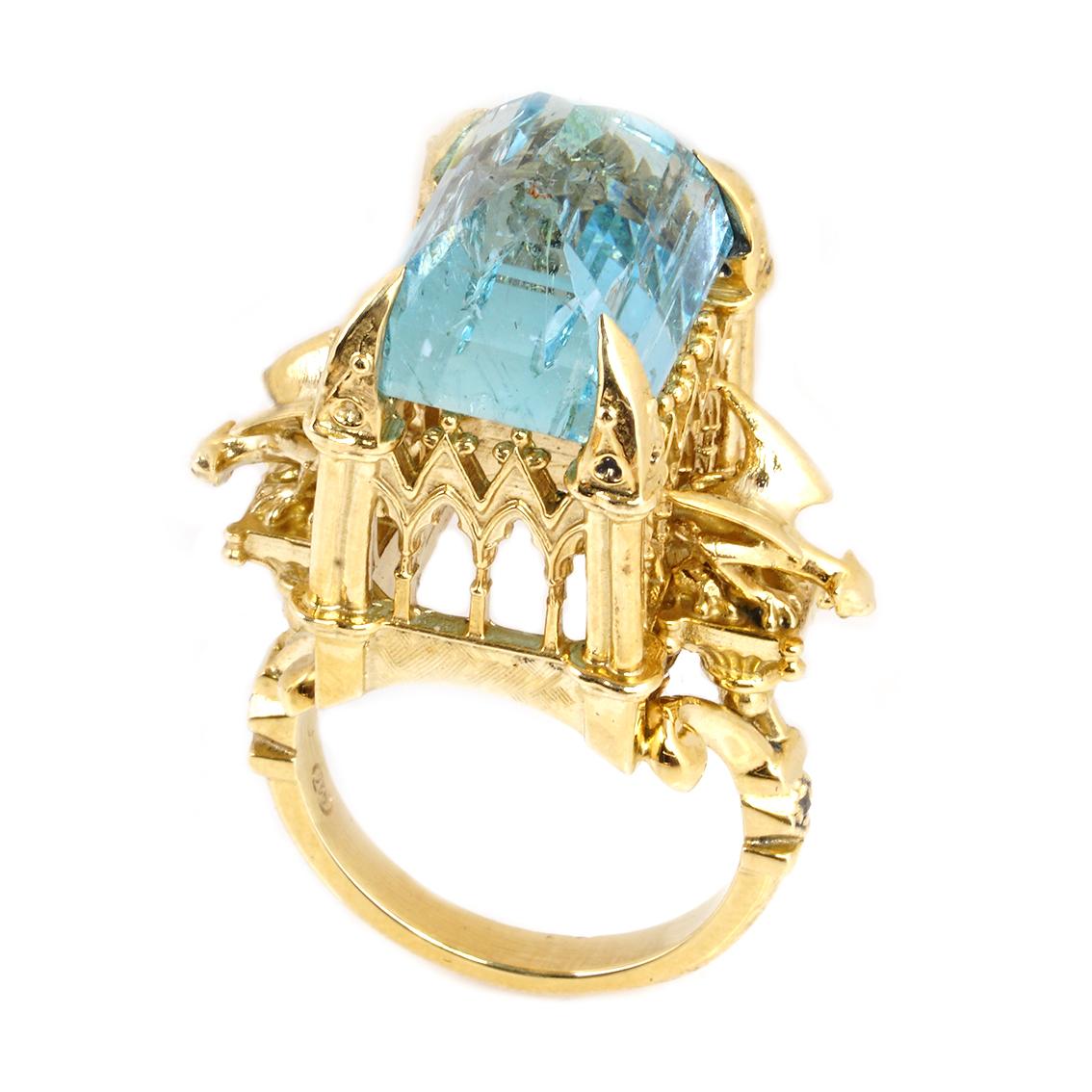 18 Karat Aquamarine and Black Diamond Almighty Empress Cathedral Ring In New Condition In Melbourne, Vic