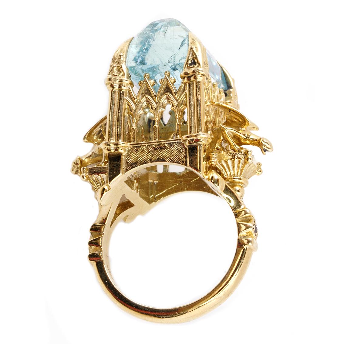Women's or Men's 18 Karat Aquamarine and Black Diamond Almighty Empress Cathedral Ring