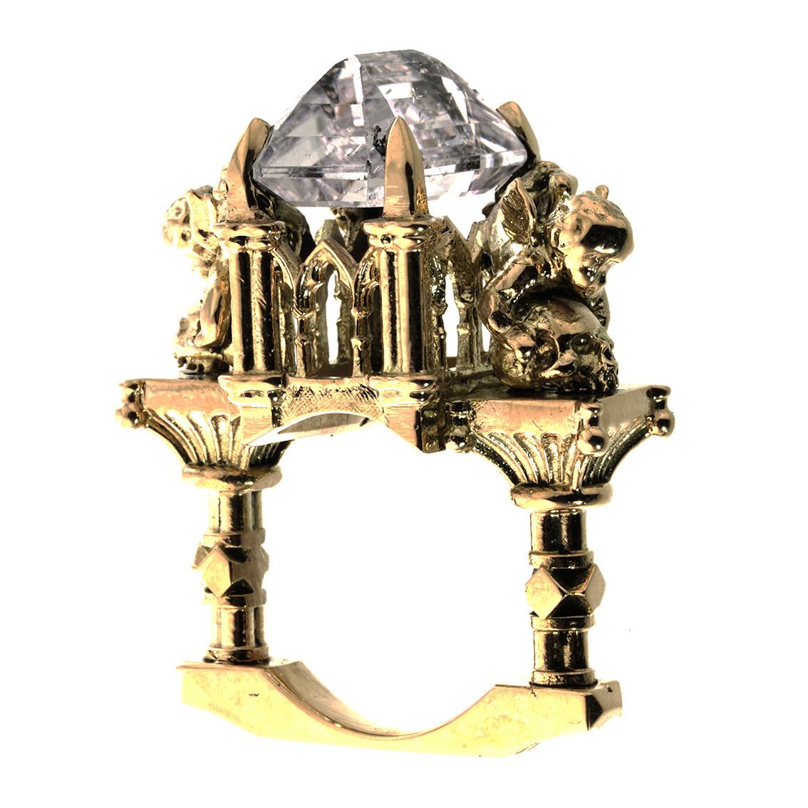 Gothic Revival 18 Karat Yellow Gold Cathedral Ring with Pink Morganite For Sale