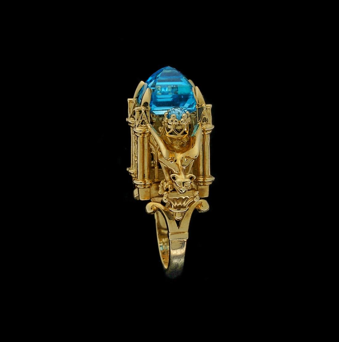 William Llewellyn Griffiths 9 Karat Gold, Blue Topaz Alchemist Cathedral Ring For Sale 1