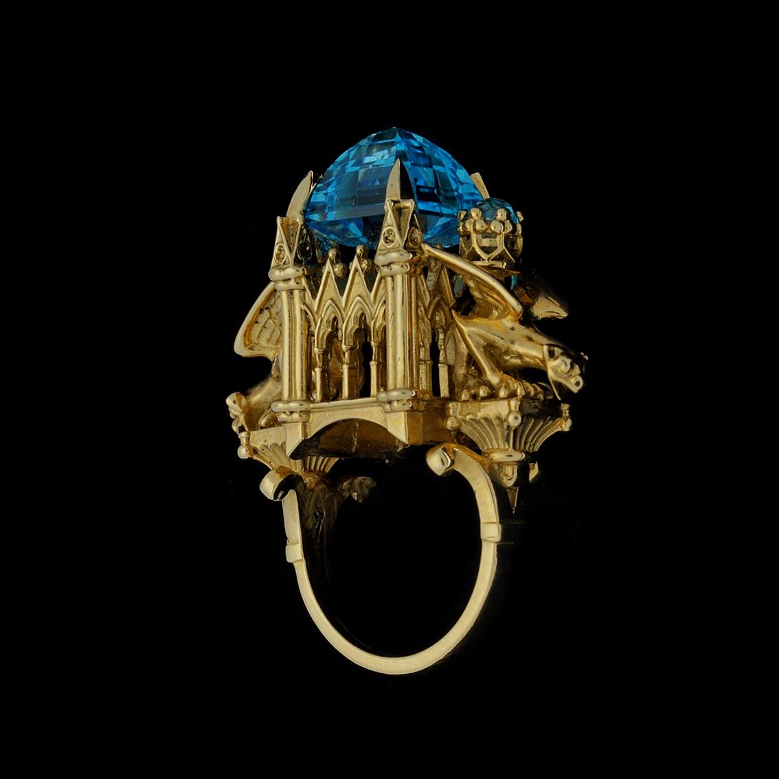 Square Cut William Llewellyn Griffiths 9 Karat Gold, Blue Topaz Alchemist Cathedral Ring For Sale