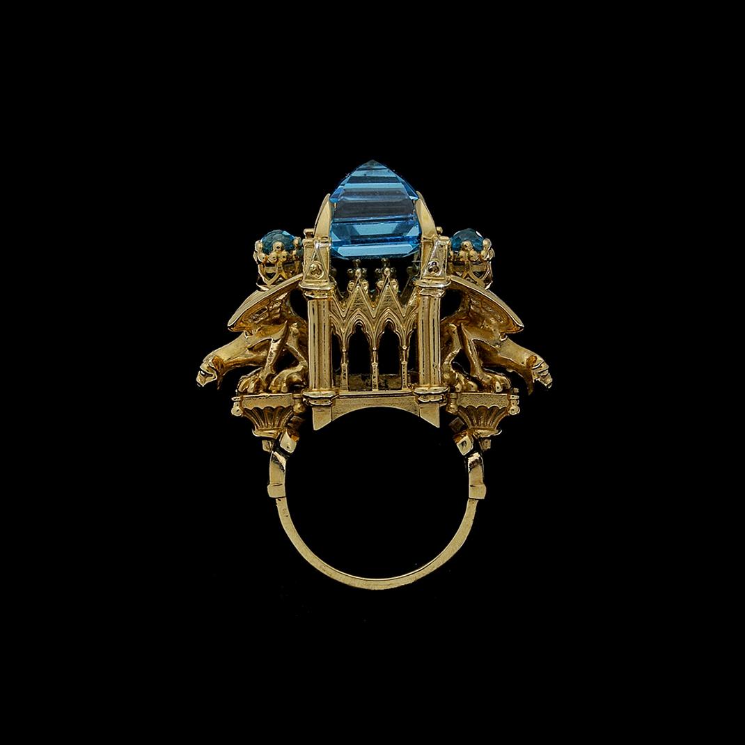 William Llewellyn Griffiths 9 Karat Gold, Blue Topaz Alchemist Cathedral Ring In New Condition For Sale In Melbourne, Vic