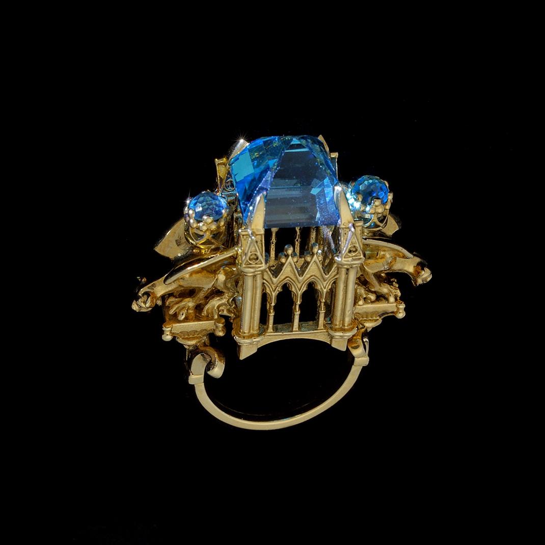 Women's or Men's William Llewellyn Griffiths 9 Karat Gold, Blue Topaz Alchemist Cathedral Ring For Sale