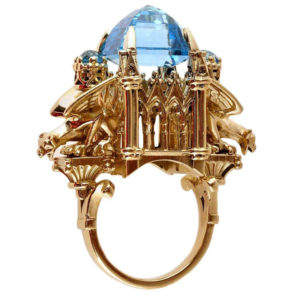 William Llewellyn Griffiths 9 Karat Gold, Blue Topaz Alchemist Cathedral Ring For Sale