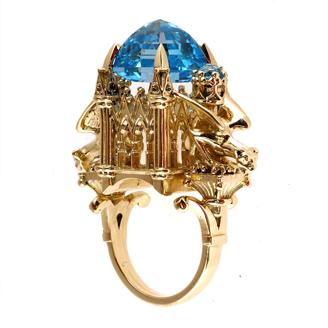Gothic Revival William Llewellyn Griffiths 9 Karat Gold, Blue Topaz Alchemist Cathedral Ring For Sale
