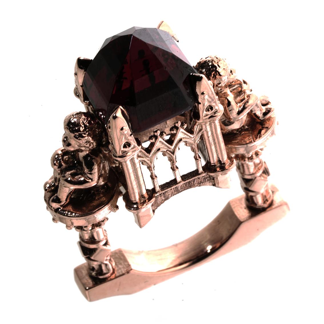 William Llewellyn Griffiths 9 Kt Rose Gold Garnet Omniscient Soul Cathedral Ring In Fair Condition In Melbourne, Vic