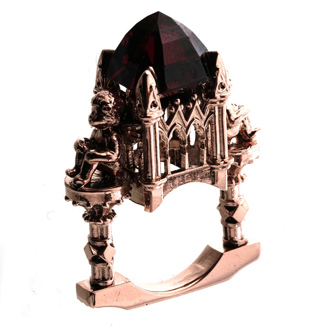 William Llewellyn Griffiths 9 Kt Rose Gold Garnet Omniscient Soul Cathedral Ring 1