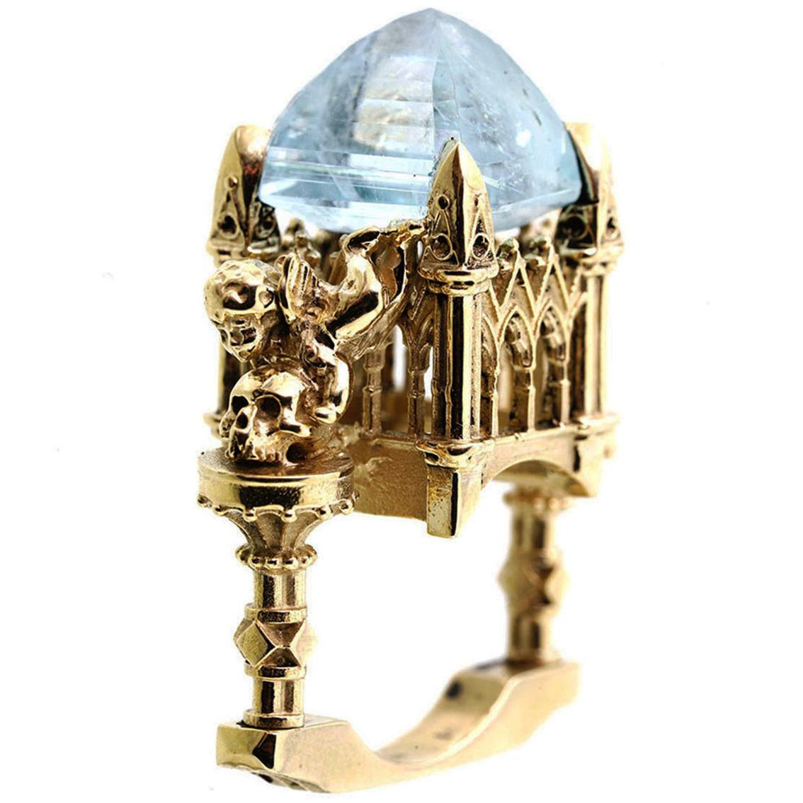 Gothic Revival 9 Karat Gold, Aquamarine Everlasting Revenant Cathedral Ring