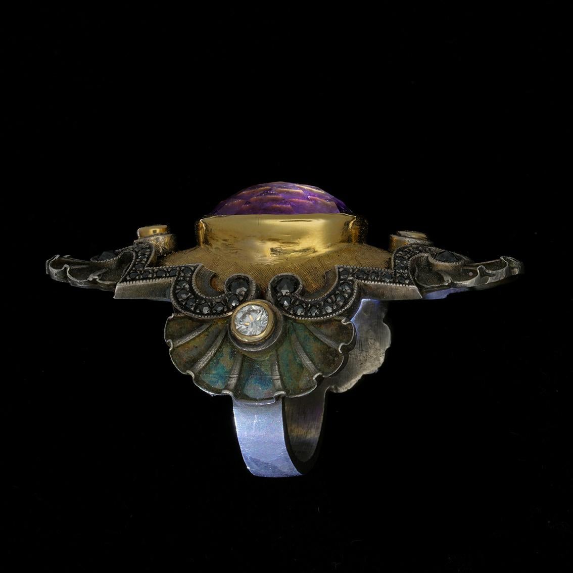 Art Deco Style Ring in 18 Karat Gold, Silver, Amethyst and Diamonds 7