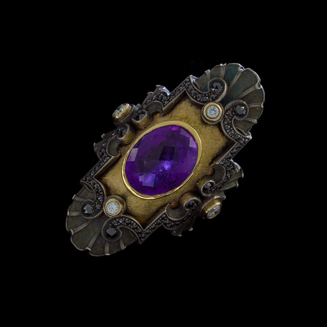 Art Deco Style Ring in 18 Karat Gold, Silver, Amethyst and Diamonds 5