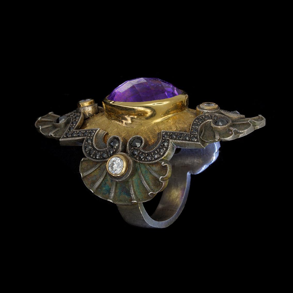 Art Deco Style Ring in 18 Karat Gold, Silver, Amethyst and Diamonds 6