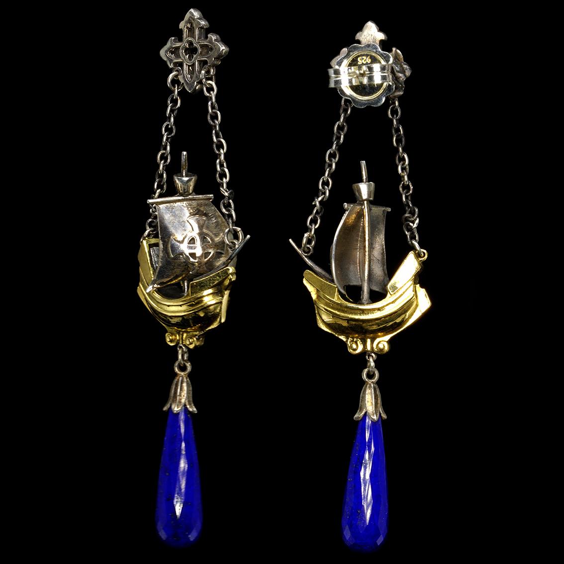 Women's or Men's Lapis Lazuli Medieval Ship Drop Earrings in 18 Karat Gold and Sterling Silver