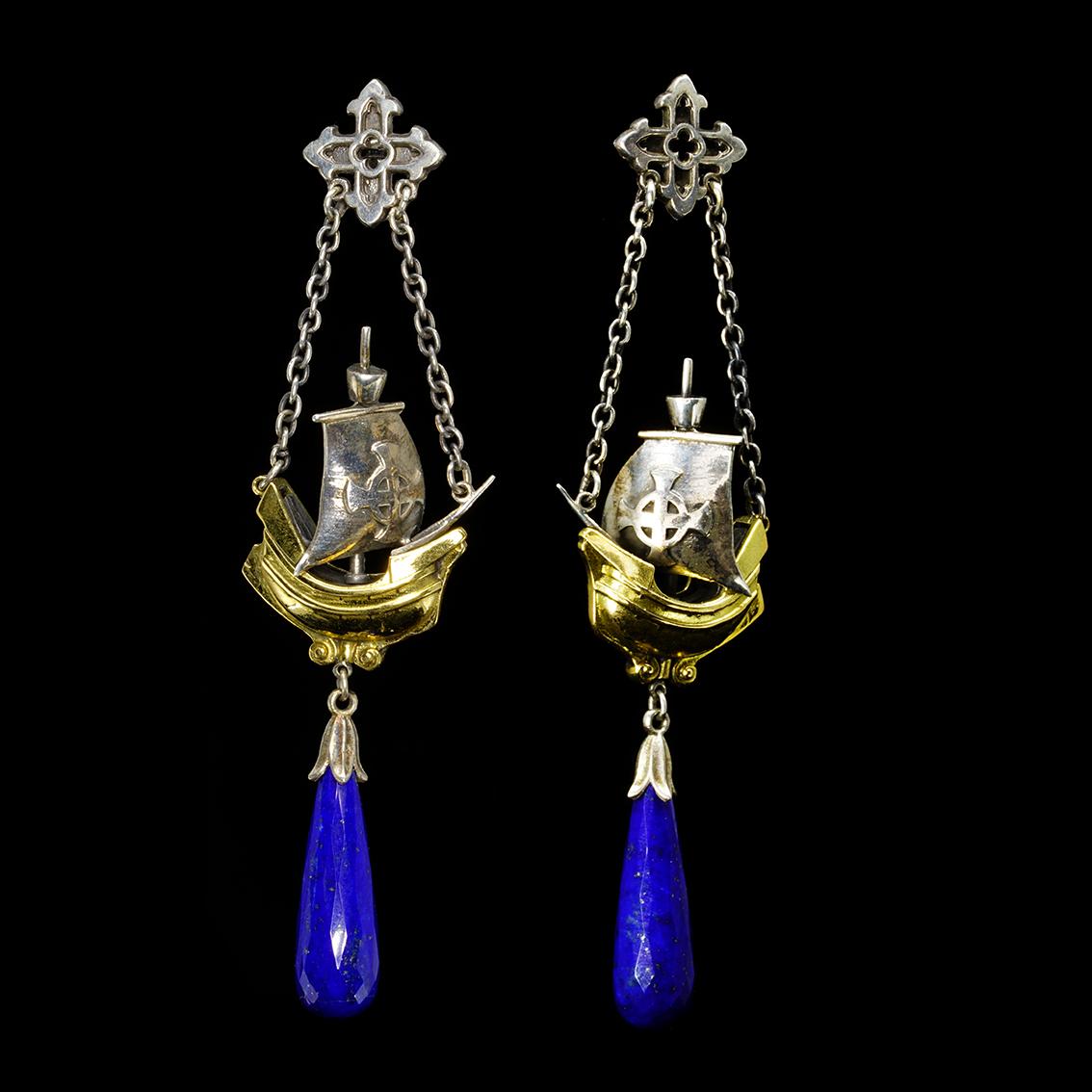 Lapis Lazuli Medieval Ship Drop Earrings in 18 Karat Gold and Sterling Silver 1