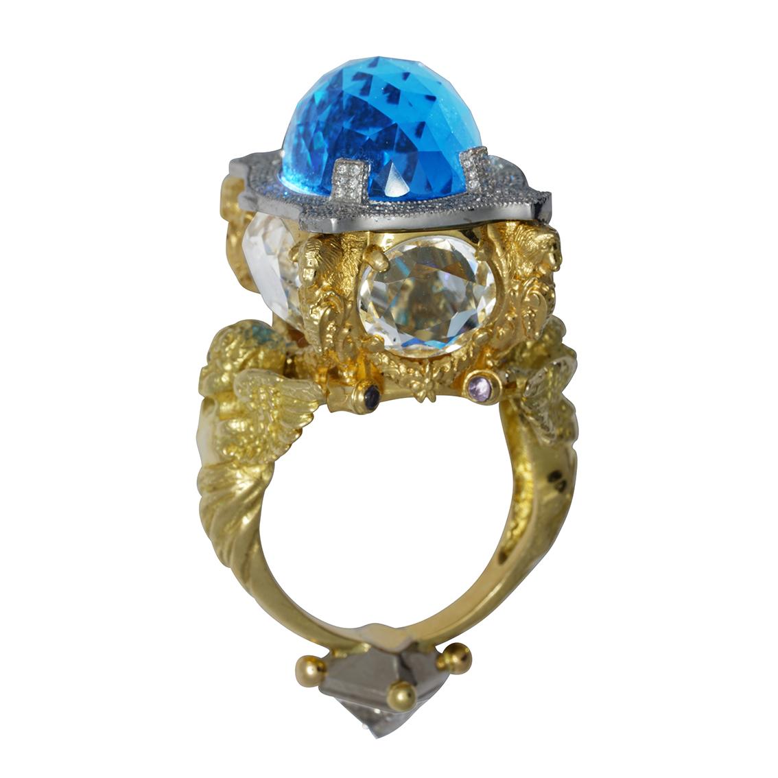 Gothic Revival Blue Topaz and Diamond Chamber Ring