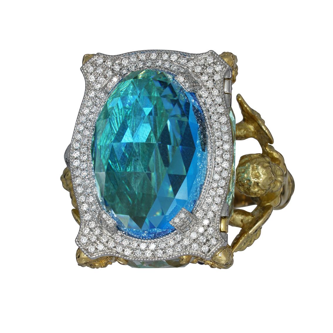 Blue Topaz and Diamond Chamber Ring In New Condition In Melbourne, Vic
