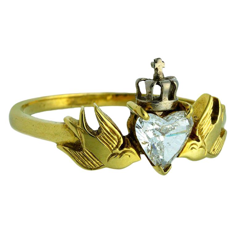 William Llewellyn Griffiths Diamond Crowned Heart and Swallows Ring